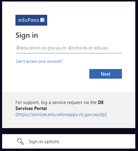 eduPass sign in dialogue