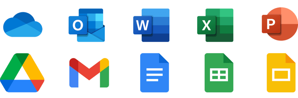 Logos of various apps included in Office 365 and Google Workspace